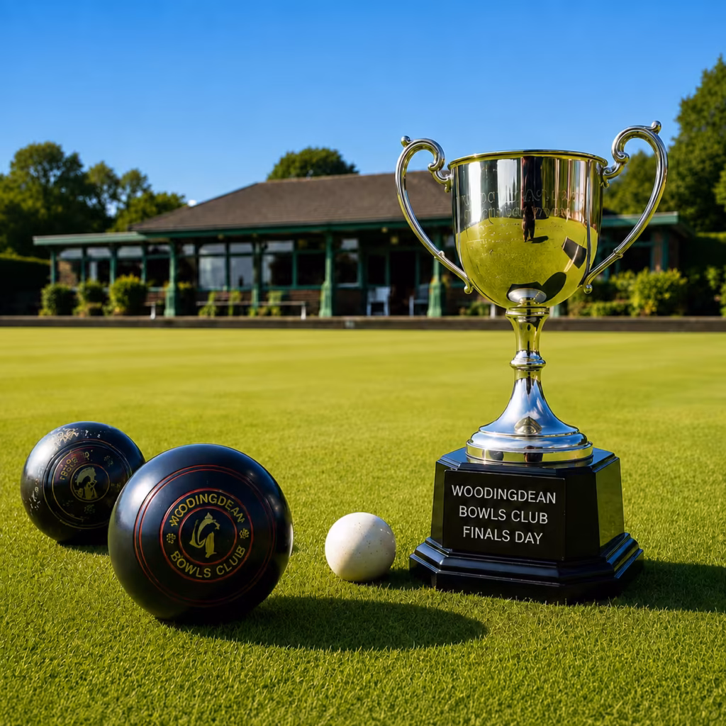 Trophy, two bowls and a white jack on the green at Woodingdean Bowls Club for Finals Day.